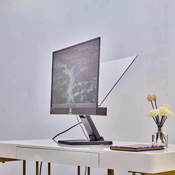 Eazeye Monitor 1.0 showcasing its reflective back panel, using indoor ambient light to naturally brighten the screen for a comfortable, glare-free experience.