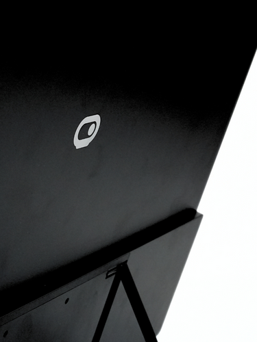 Close-up of Eazeye Monitor 2 showing Eazeye logo and built-in kickstand