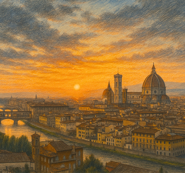 Painting of Florence with saturated colors displayed on traditional monitor