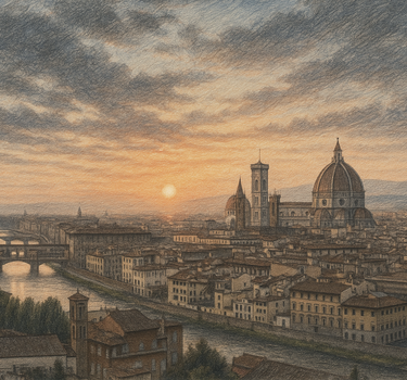Painting of Florence with unsaturated colors shown on reflective LCD