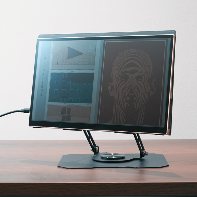 Radiant monitor at 3/5 angle reacting to natural light, shows paper-like reflectivity