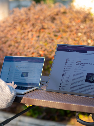 Woman using Eazeye Monitor 2 outdoors in sunlight, RLCD screen naturally lit